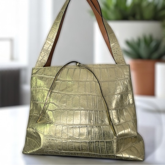 Adrienne Vittadini Gold & Tan Crocodile Embossed Vegan Leather Shoulder Bag - Picture 1 of 15
